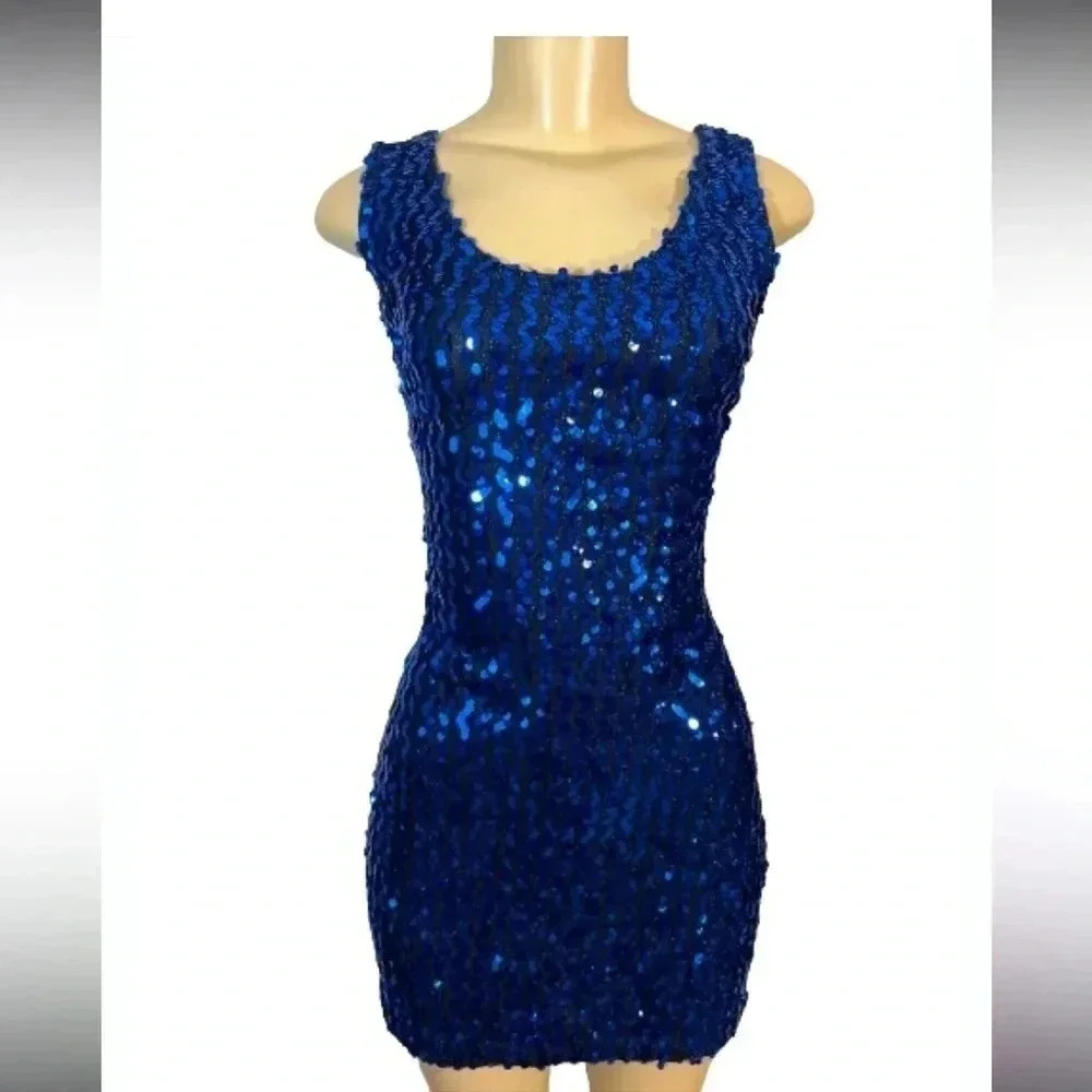 Topstyle Glamorous Blue & Black Sequin‎ Sleeveless Bodycon Mini Dress